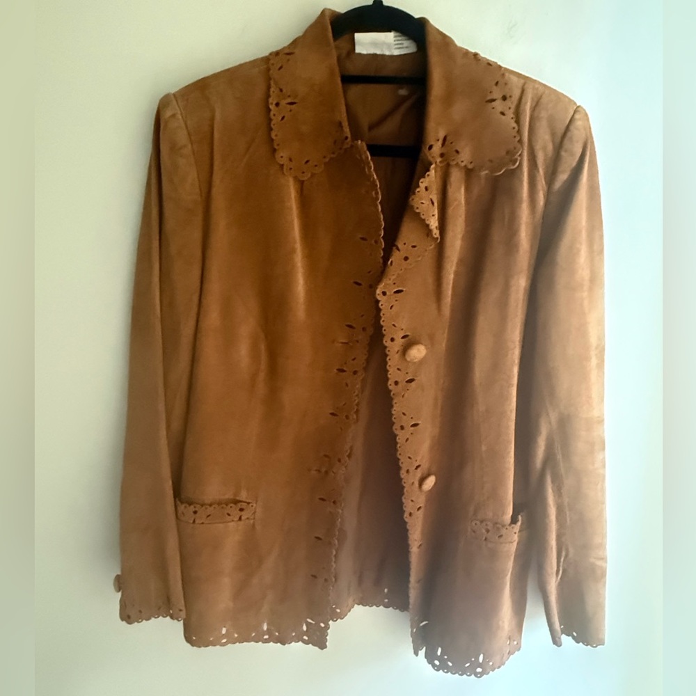 Vintage Genuine Suede Boho Eyelet Jacket  • Cognac Brown • Size 8 • Like New